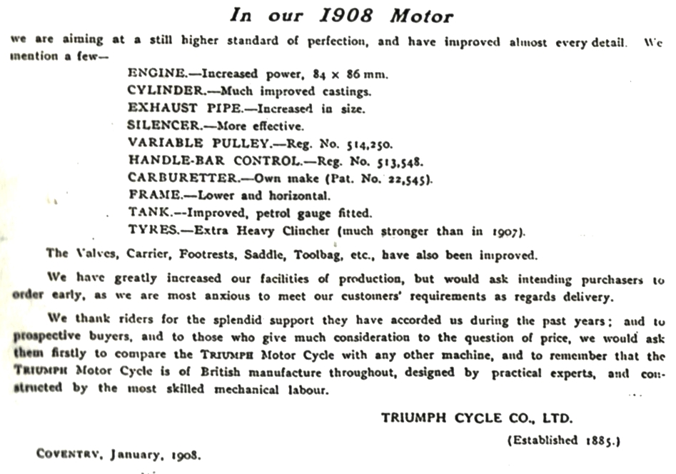 Estratto dal catalogo ufficiale con le novit per il 1908 Triumph